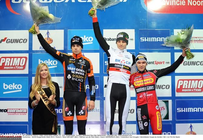 Mathieu van der Poel (BKCP-Powerplus) tops the podium in Hoogerheide