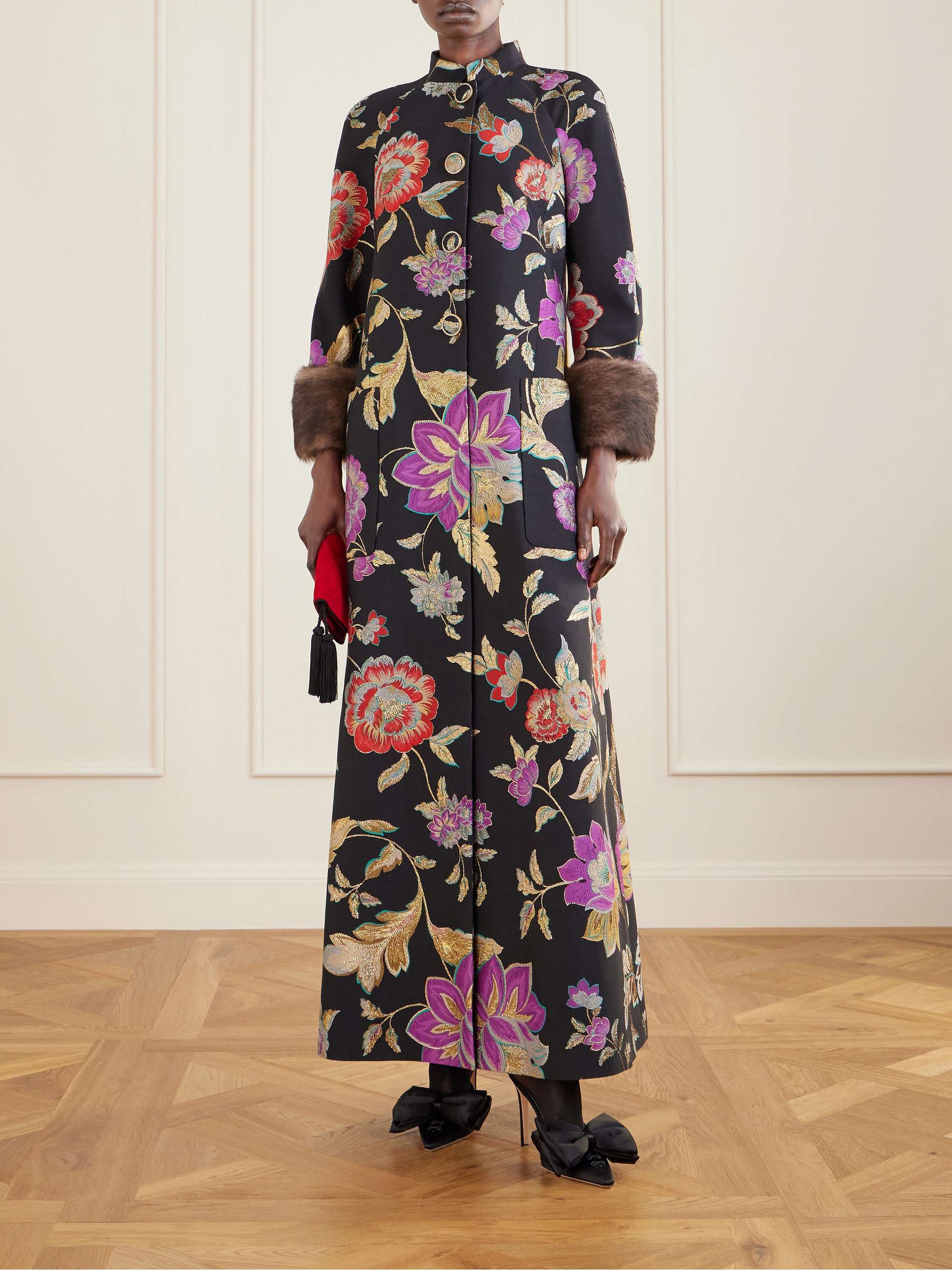 Shearling-Trimmed Wool-Blend Floral-Brocade Coat