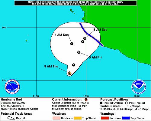 The expected path and changes in strength to Hurricane Bud, the first hurricane of the 2012 East Pacific hurricane season.