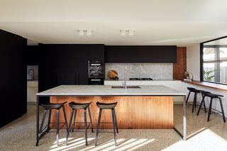 kitchen with speckled concrete floor
