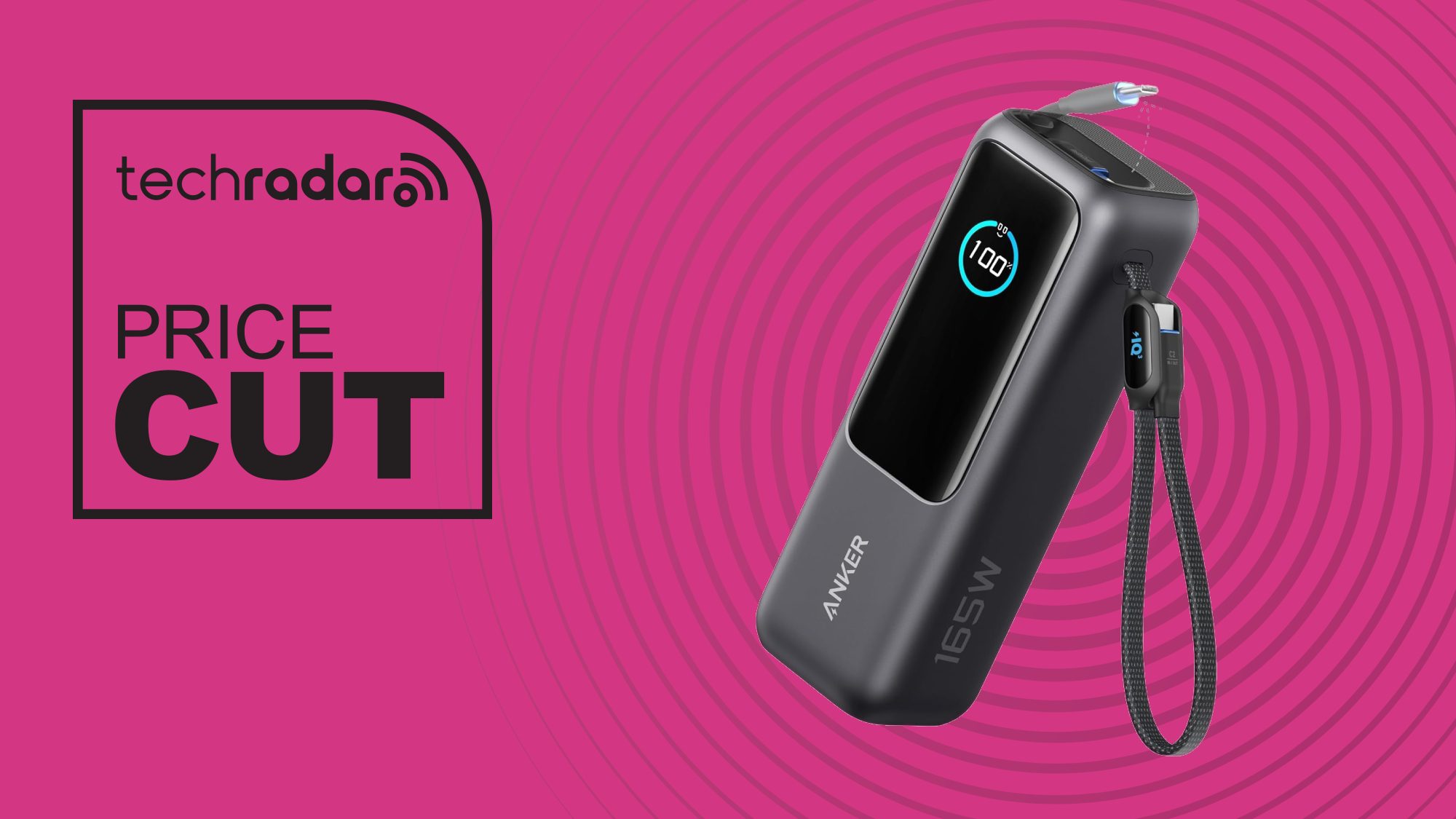 Anker Laptop Power Bank on pink background with concentric circles and box in top-right corner with techradar logo and text reading &#039;price cut&#039;