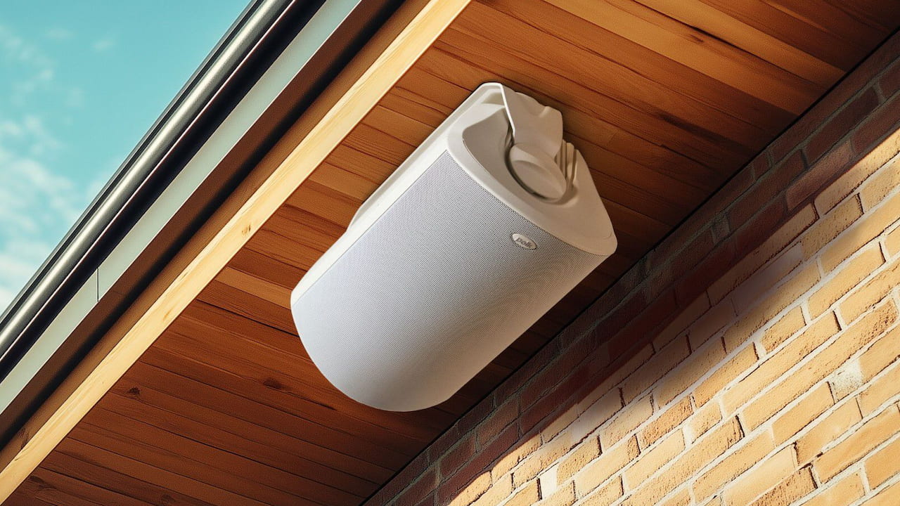 Polk Audio Atrium 2025 speaker in white, affixed below a wooden roof overhang in front of an external brick wall