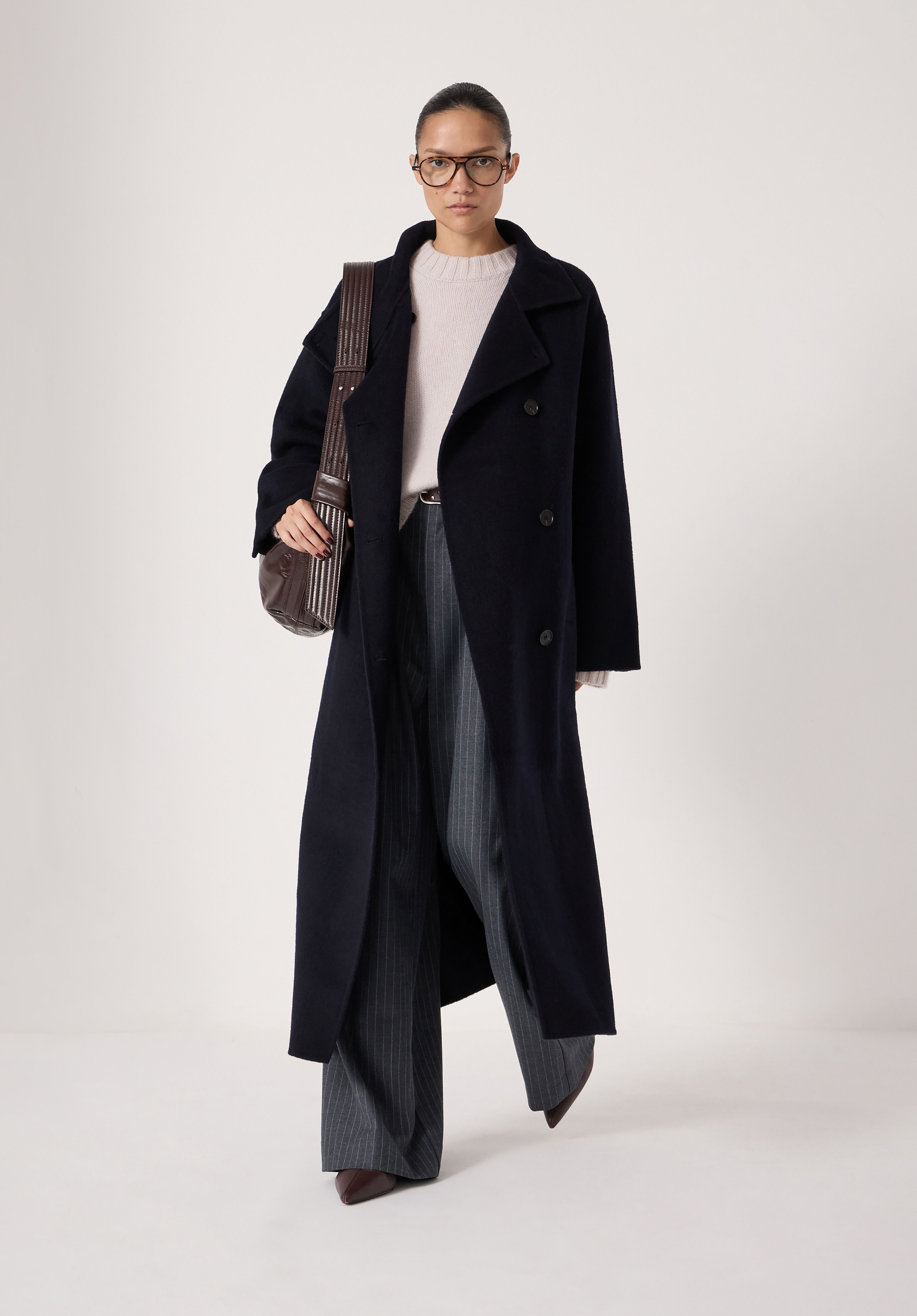 Pure Wool Double Faced Funnel Neck Belted Coat