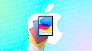 Apple iPad 11th Gen in various colorways on top of an Apple logo and a colorful yellow/teal/pink gradient backdrop with the words 'Apple iPad 11.'