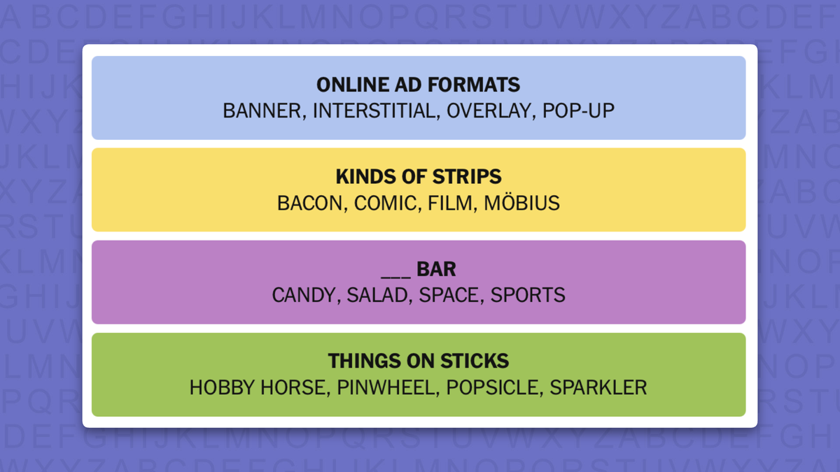 NYT Connections answers for game 1231 on a purple background