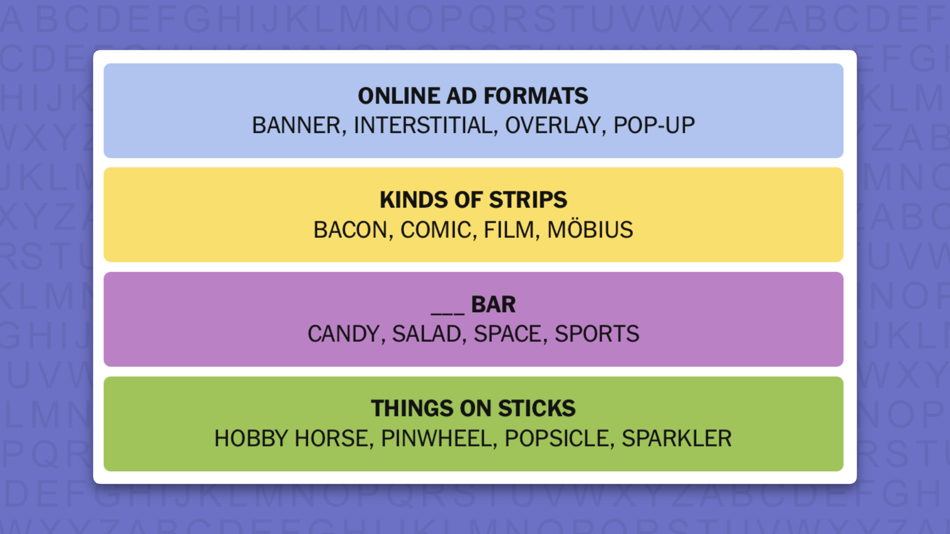 NYT Connections answers for game 1231 on a purple background