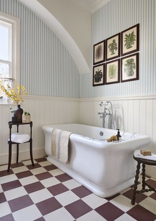 bathroom ideas with red and white checkerboard floor
