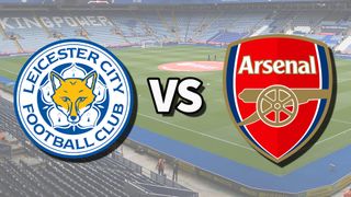 The Leicester City and Arsenal club badges on top of a photo of The King Power Stadium in Leicester, England