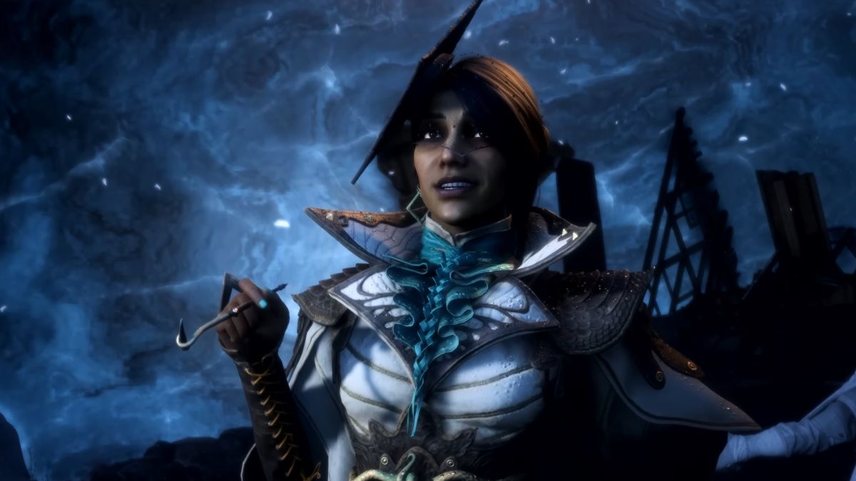 Dragon Age: The Veilguard - Neve Gallus meets Rook and smiles while surrounded by magical ice