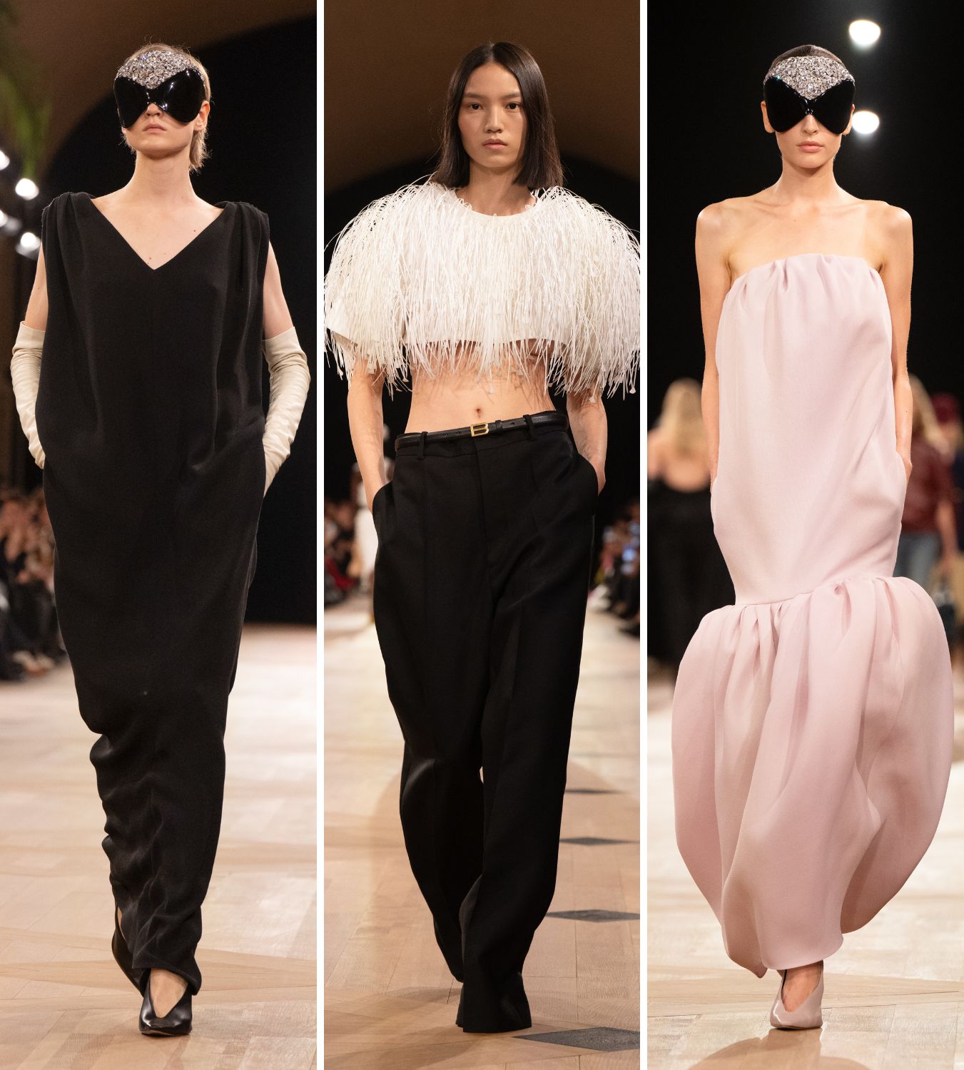 three models on the catwalk for pierpaolo piccioli's debut balenciaga ss26 show