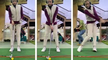 Three screengrabs from video of golfer at driving range
