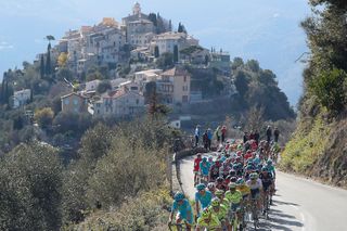 The pack rides past the village of La Roquette-sur-Var during the sixth stage of the 74th edition of the Paris-Nice