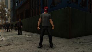 Spiderman suit for ESU - Spider-Man wears jeans, a grey t-shirt, and a red Spider-Man mask.