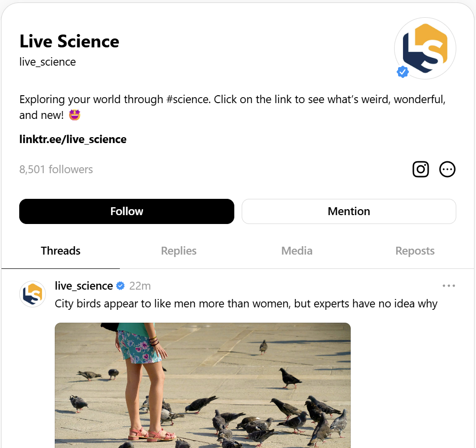 A screenshot of the Threads profile of Live Science.