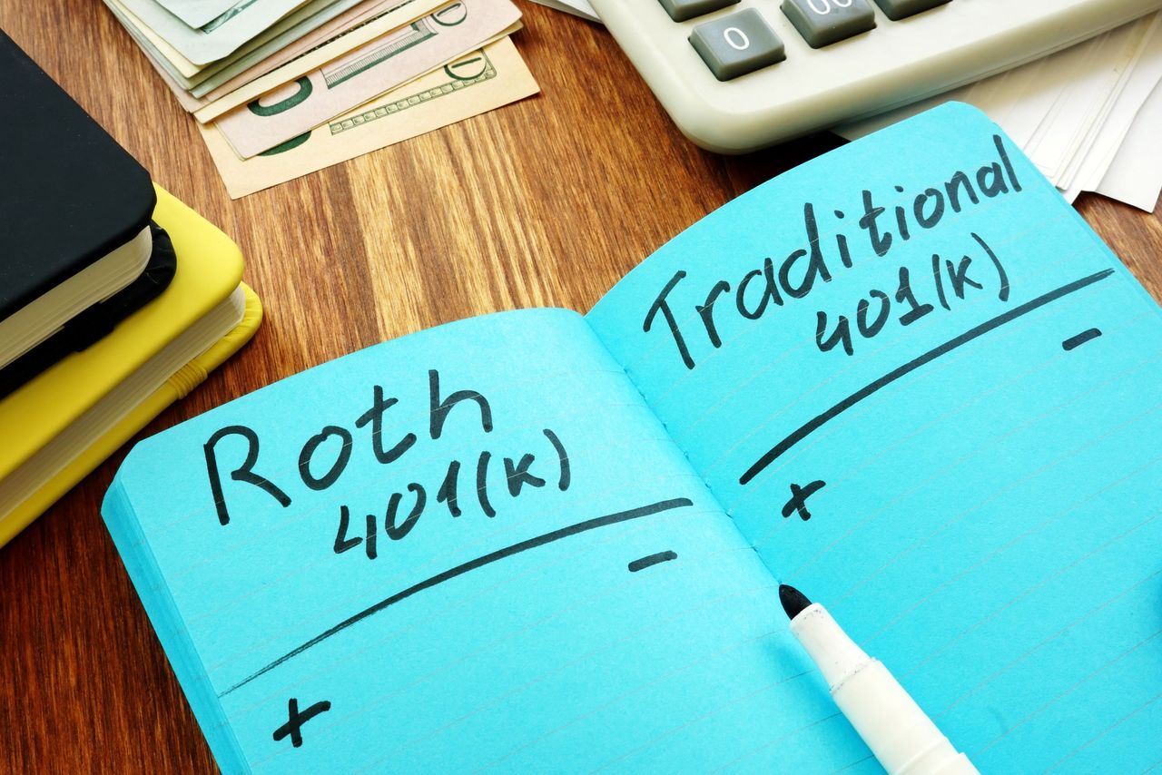 A notebook with Roth 401(k) on one side and traditional 401k on the other. 