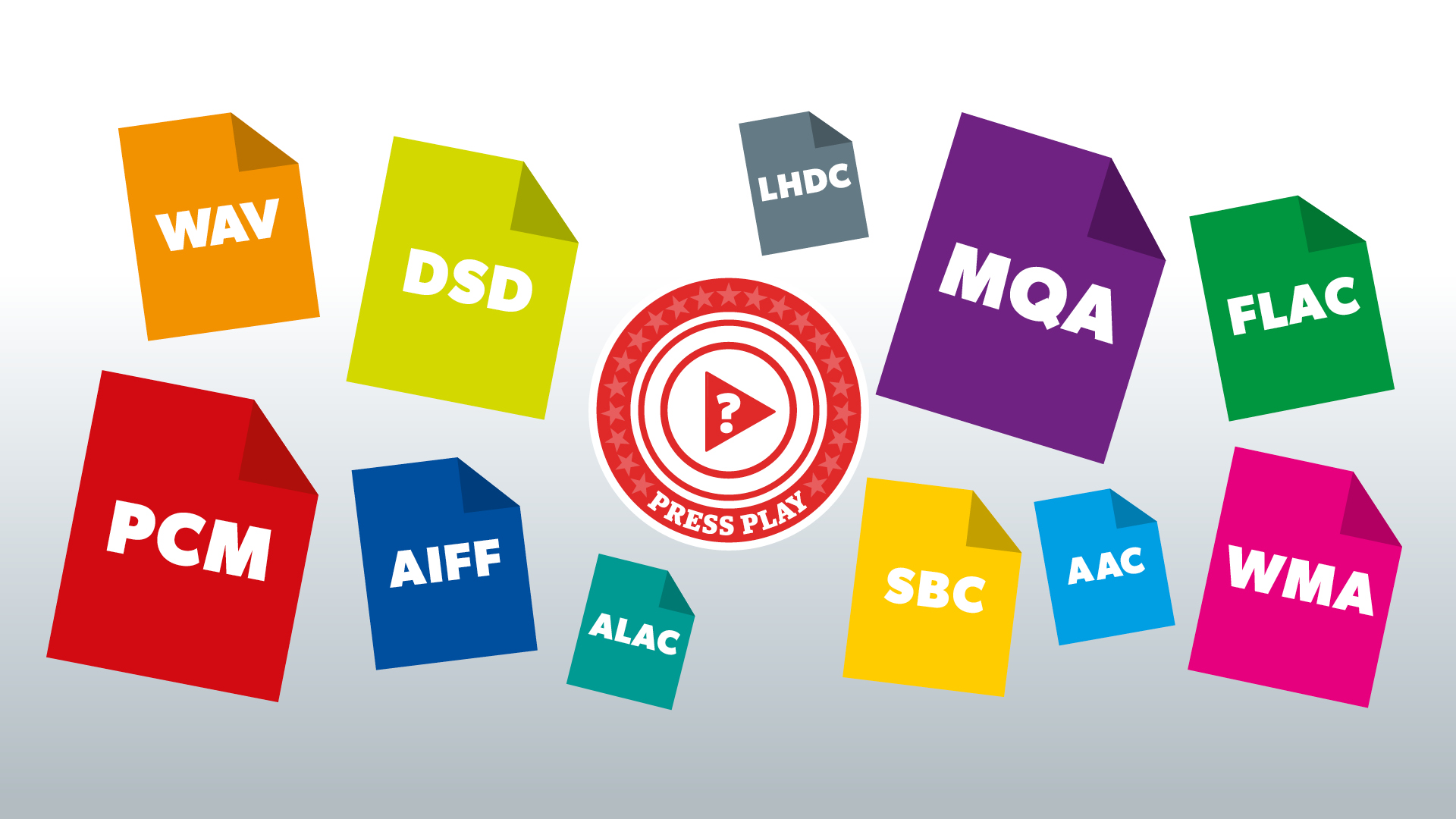 A selection of audio file formats displayed as colourful file icons on a grey background