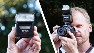 Godox iT32 camera flash in the hand, there's dappled tree light in the background (left) and TechRadar Cameras Editor Tim Coleman's holding a Canon camera up to his eye with the flash attached (right)