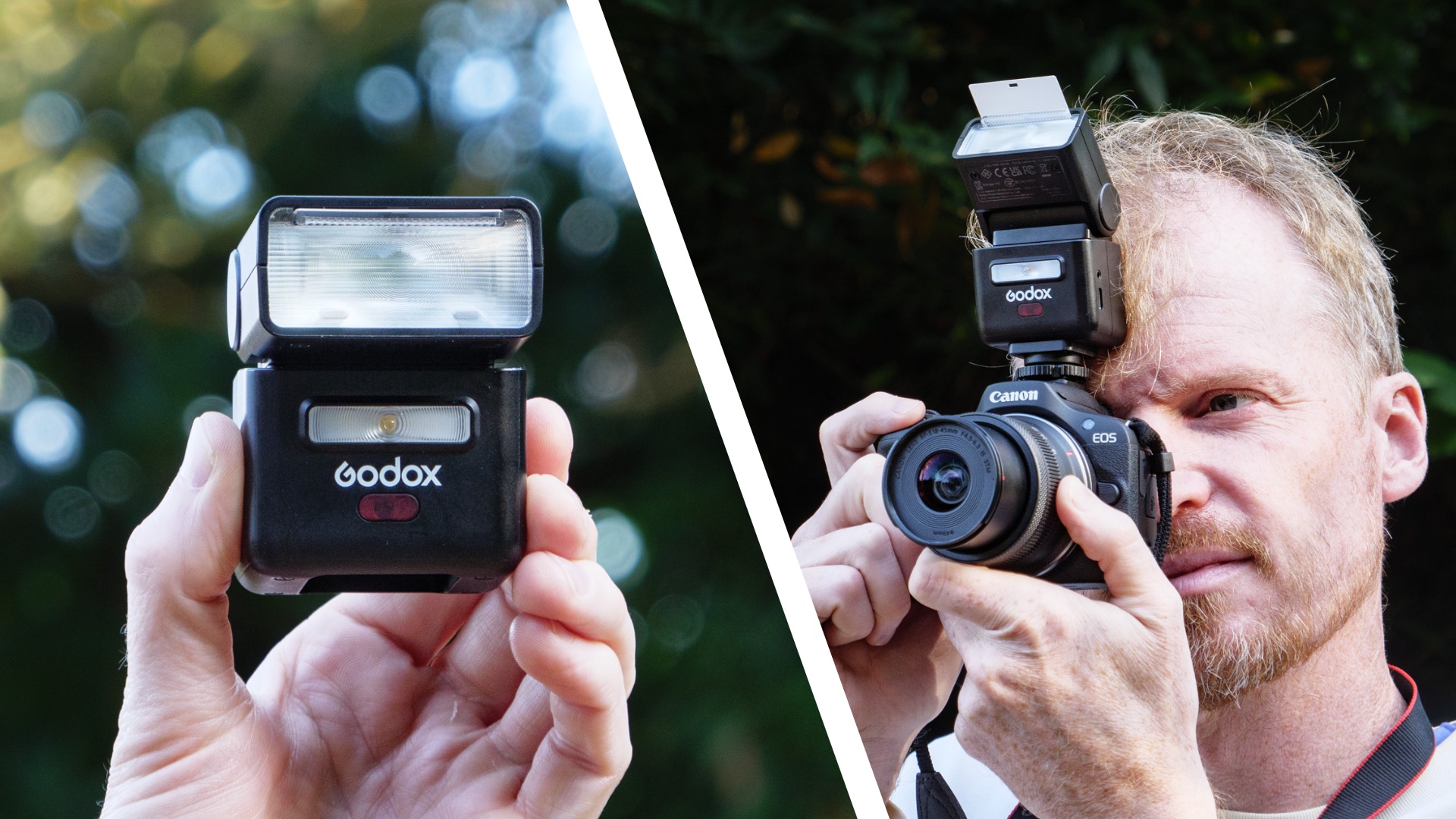 Godox iT32 camera flash in the hand, there's dappled tree light in the background (left) and TechRadar Cameras Editor Tim Coleman's holding a Canon camera up to his eye with the flash attached (right)