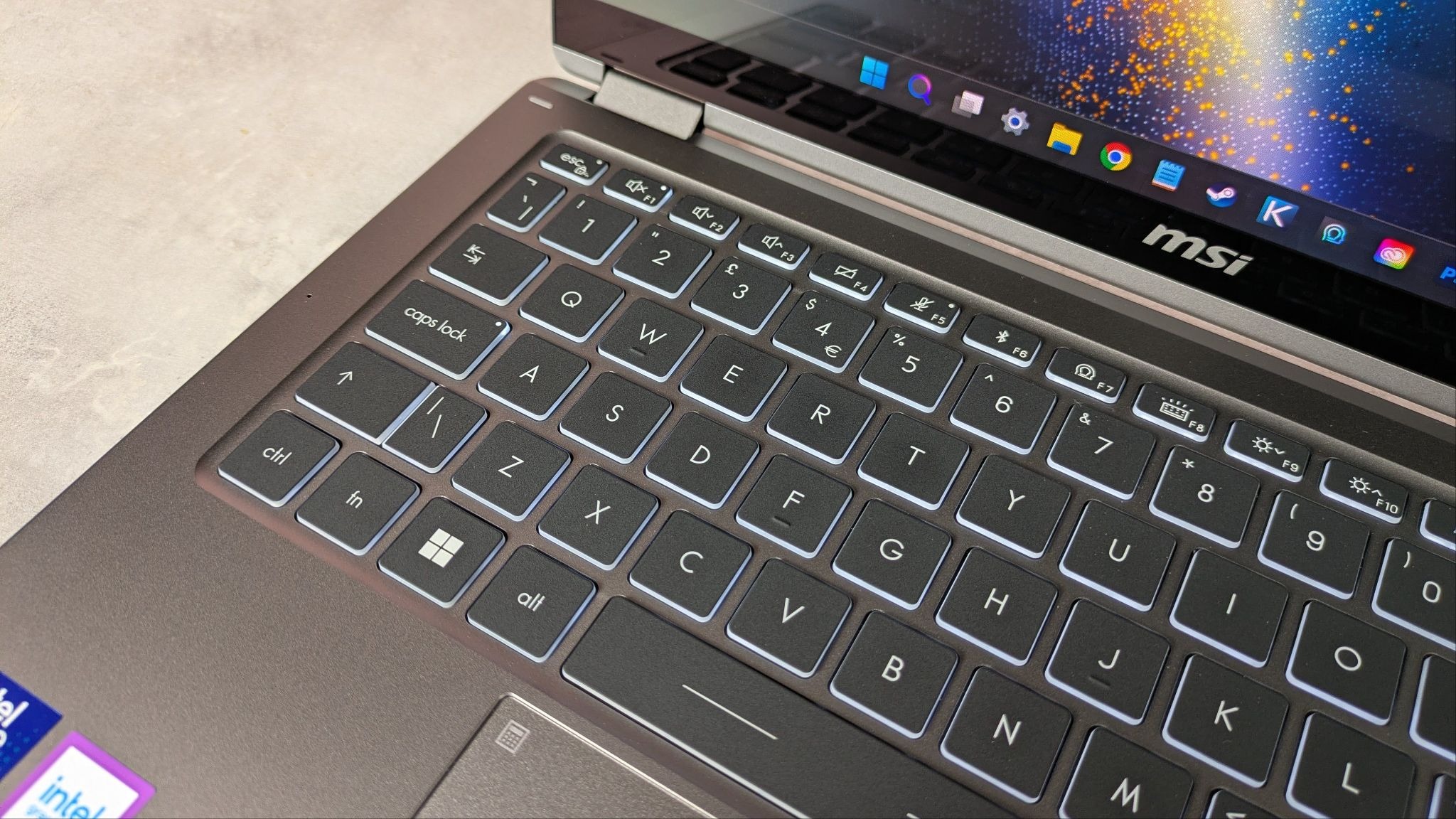 Close-up of keyboard on MSI Prestige 14 Flip AI+