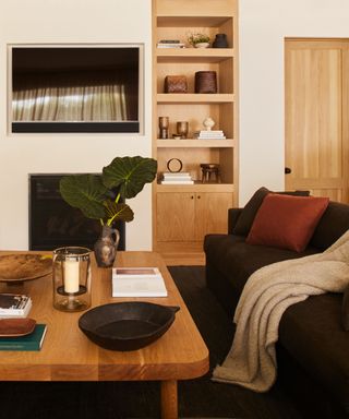 A living room decorated in organic, earthy colors