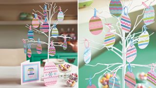 White twig tree on a table decorated with paper decorations to create a simple Easter tree idea