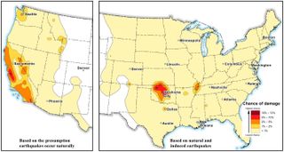 This USGS map shows the potential for an area to experience damage from natural or human-induced earthquakes in 2016.