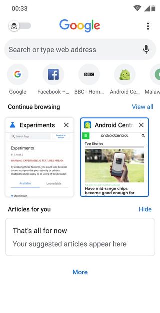 The new homepage design for mobile Chrome
