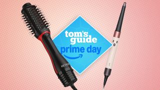 revlon heat brush and dyson airwrap on a pink background with a prime day tag