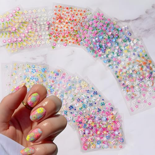 30 Sheets Flower Nail Art Stickers Decals Colorful Flower Nail Stickers 3d Self Adhesive Cute Daisy Floral Nail Decals Heart Nail Supplies Nail Art Design Decoration Accessories for Women and Girls