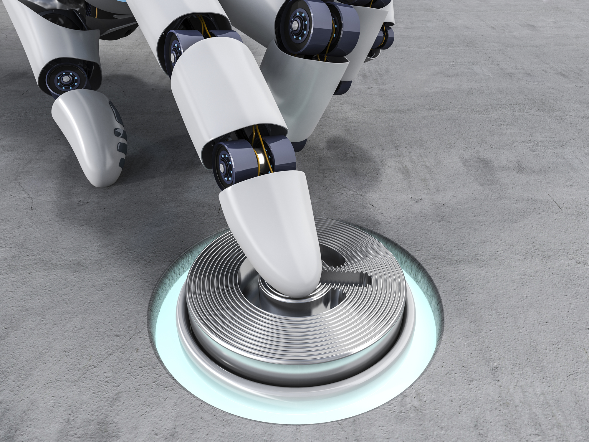 Robot pushing button, 3d rendering