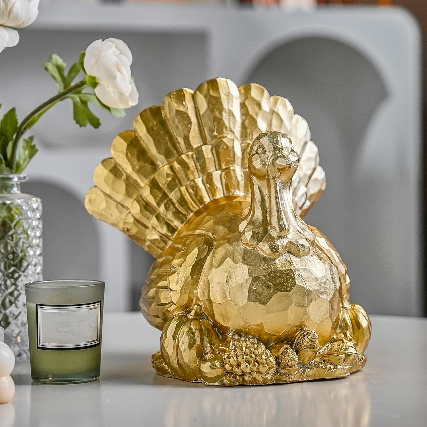 Festglox Thanksgiving Turkeys Decor, Gold Resin Turkey Figurine, Turkeys Statue for Decorating, Large Turkey Centerpiece for Table Kitchen Decoration, Harvest Home Decor