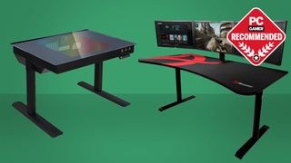 Image of some of the best gaming desks with a green background.