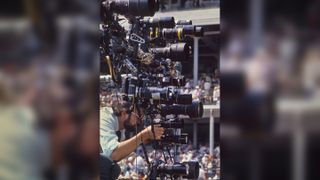 Photographer Michael Brohm, in the late 1980s / early 1990s, setting up 18 cameras at the Kentucky Derby