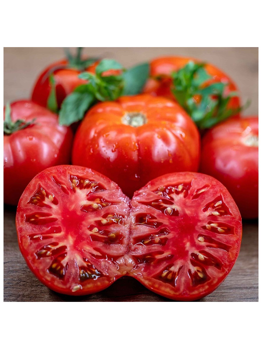A bright red tomato cut in half