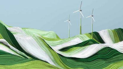 artist rendering of rolling green fields and wind farm