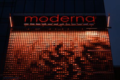 Pharmaceutical company Moderna signage is being pictured on a building in Warsaw, Poland, on June 23, 2024