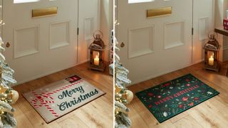 Dunelm Christmas doormats runners and rugs in a hallway with wooden floors and a white front door