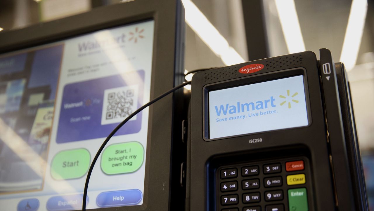 A self-checkout kiosk at Walmart