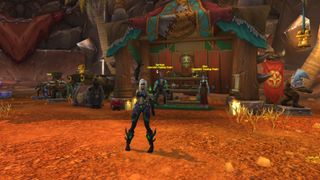 WoW Trading Post - a demon hunter is dancing in front of the Trading Post in Orgrimmar