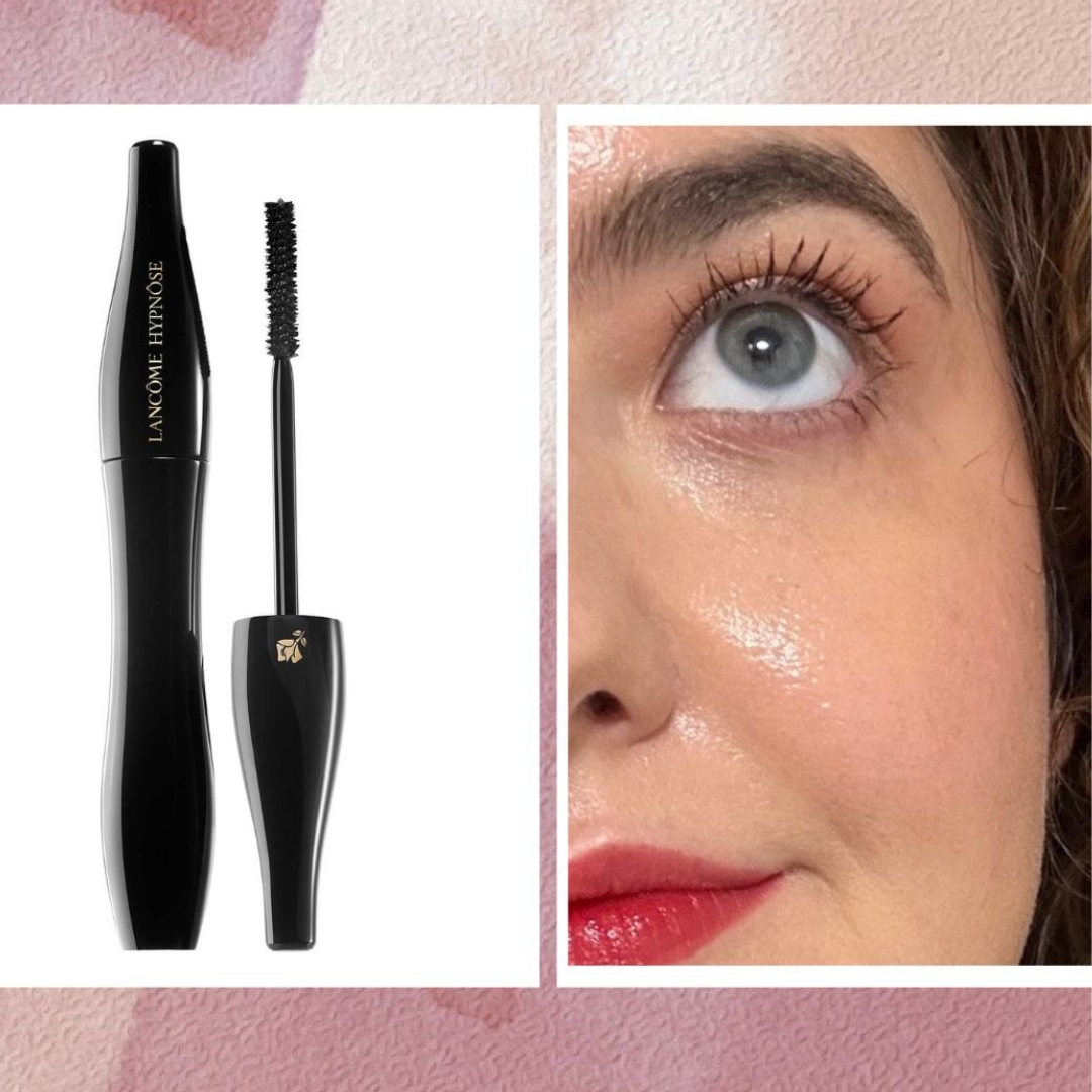 On the left, is a product shot of the Lancôme Hypnose mascara and on the right, is a close-up of Senior Beauty Editor Rhiannon Derbyshire wearing the formula on her eyelashes