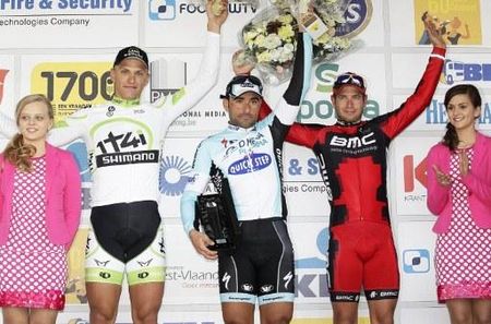 The Handzame Classic podium (l-r): Marcel Kittel (Project 1t4i), Francesco Chicchi (Omega Pharma-Quick Step) and Adam Blythe (BMC)