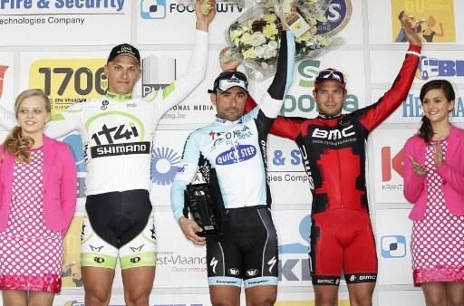 The Handzame Classic podium (l-r): Marcel Kittel (Project 1t4i), Francesco Chicchi (Omega Pharma-Quick Step) and Adam Blythe (BMC)