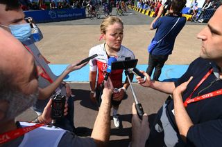 Victorie Berteau speaks to the press at Paris-Roubaix Femmes 2022
