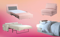 A pink gradient background with sofa beds overlayed