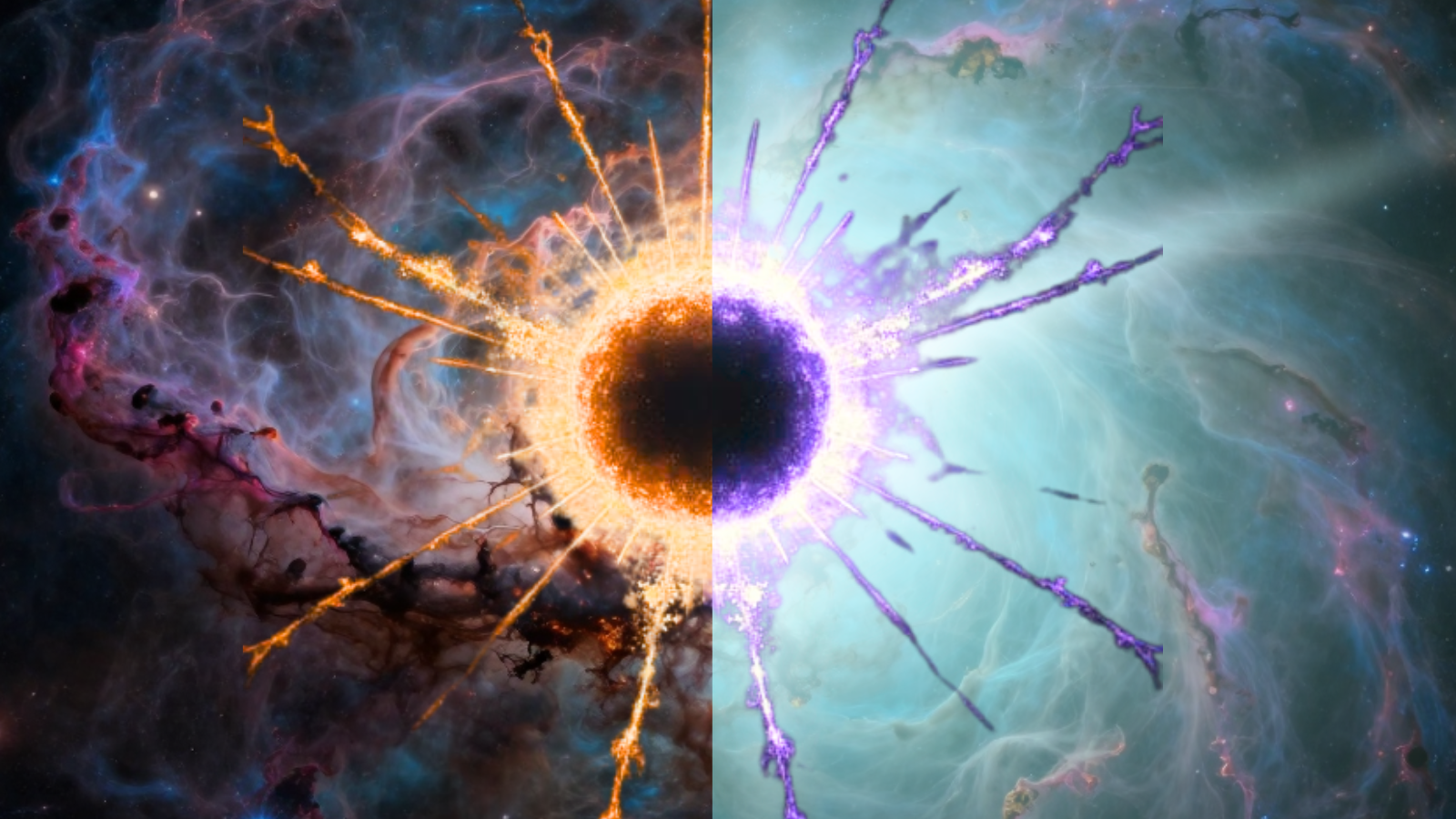 The left half of the illustration shows a dark background with a splotch of orange toward the center. That splotch is blue on the right side, and the rest of the right side is blueish gray in the background.