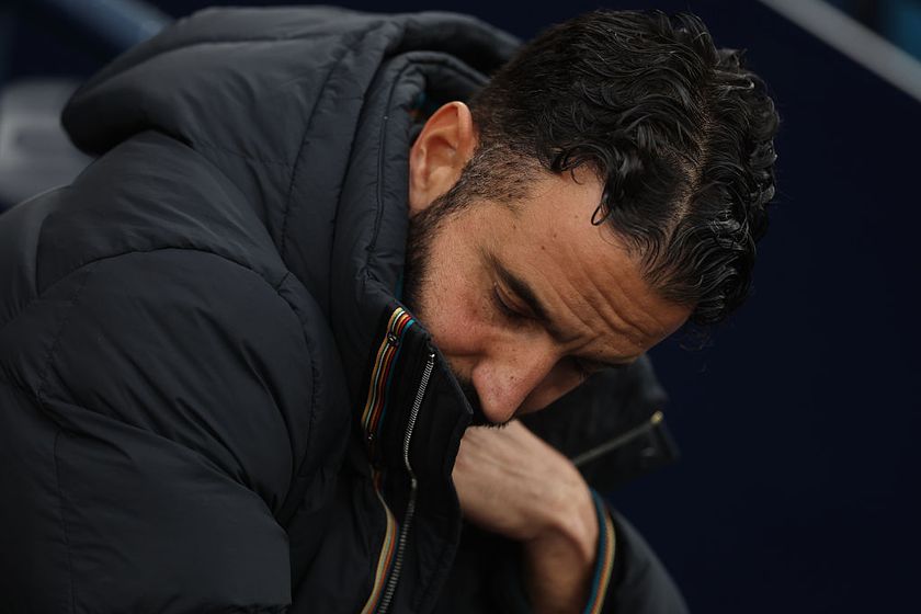 Ruben Amorim, Manager of Manchester United, reacts during the Premier League match between Manchester City and Manchester United at Etihad Stadium on September 14, 2025 in Manchester, England.