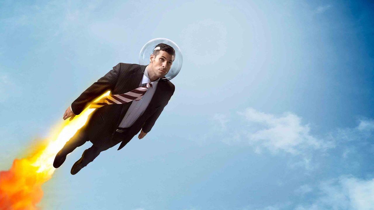 Concept art of a businessman with a jetpack soaring through the sky.