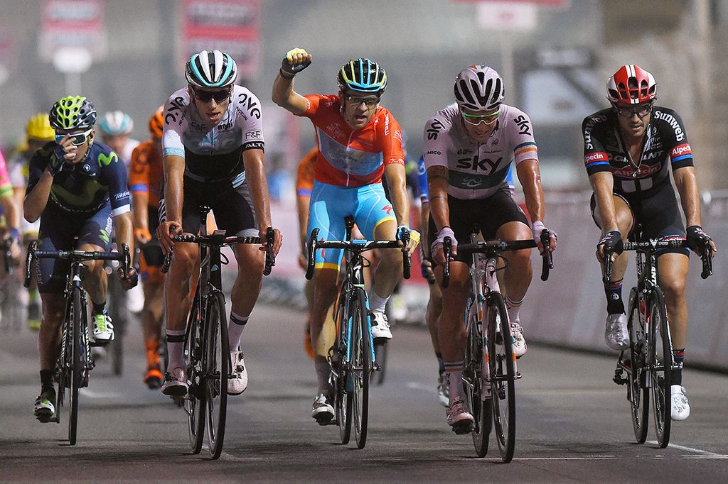 Tanel Kangert punches the air as he crosses the line and seals the win