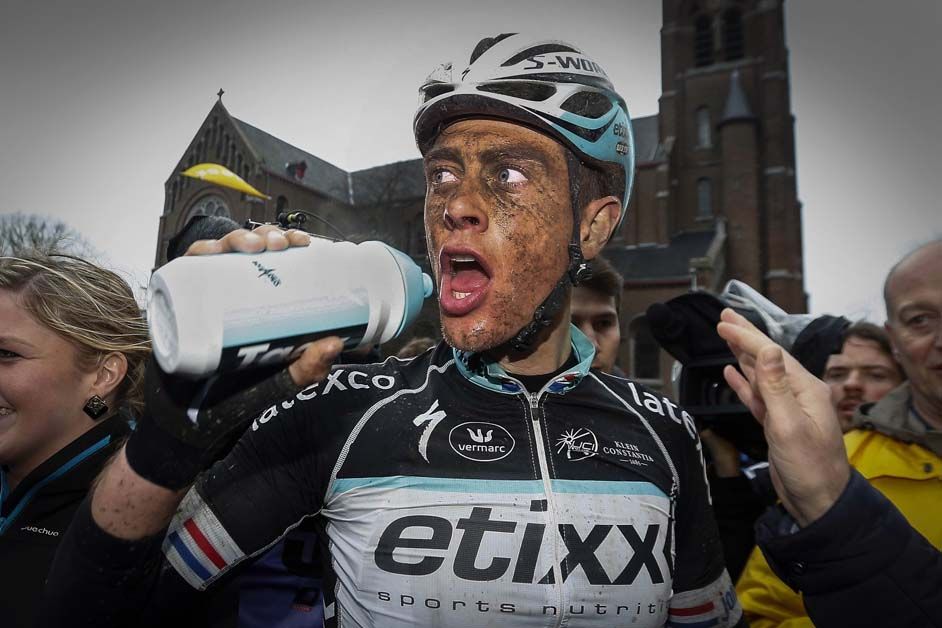 A muddy Niki Terpstra after finishing second at the Tour of Flanders