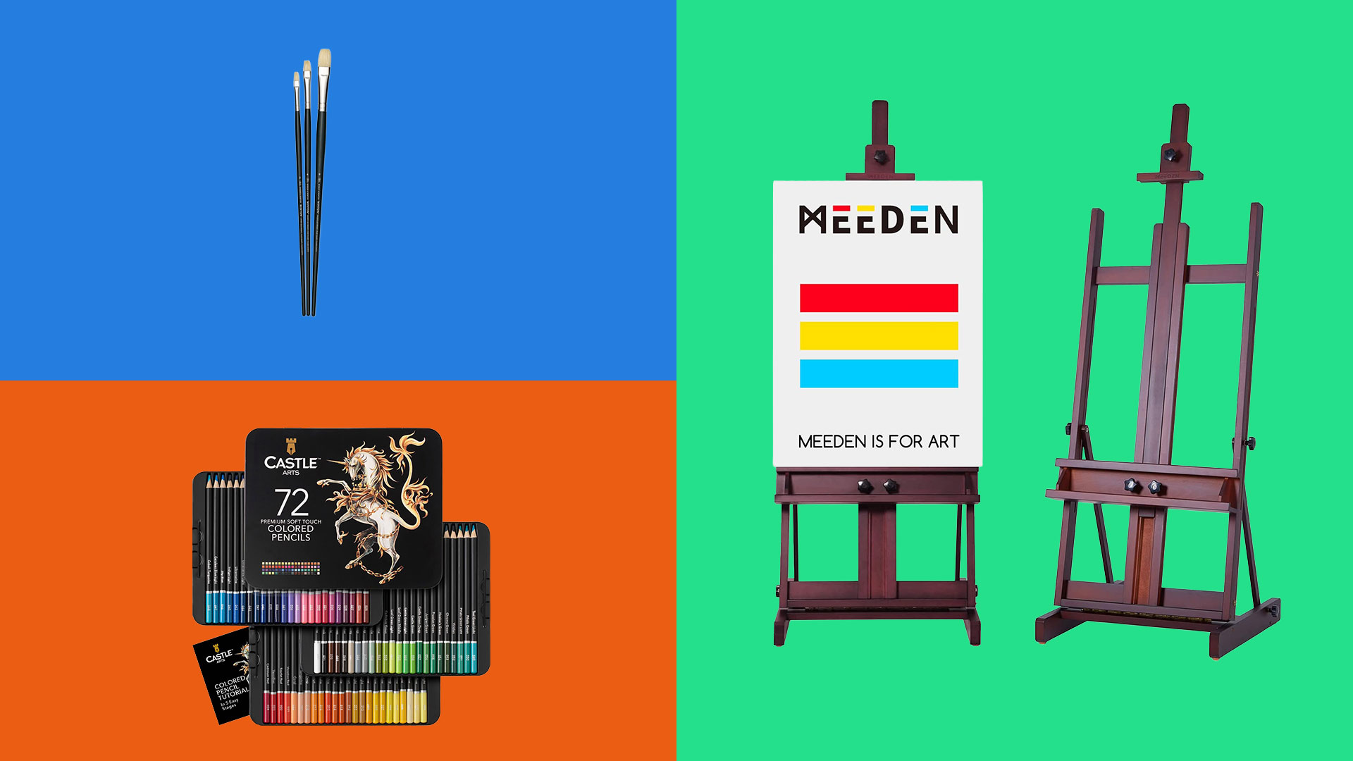 easel, paintbrush and coloured pencils on coloured background